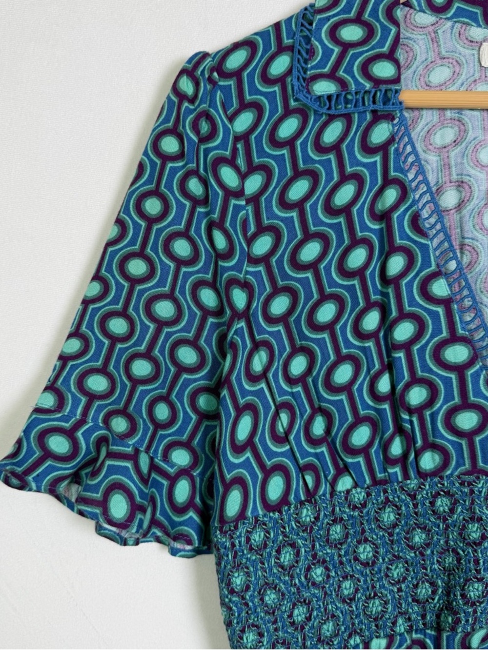 Urban Outfitters Women’s Blue Geometric Print Smocked Dress Boho Retro Y2K Sz L - Picture 4 of 12